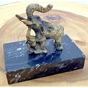 Vintage Metal Mom & Baby Elephant Statue W/Marble Base Trunk up Shelf Decor 3.5"